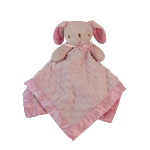 Pink Bunny Rabbit Lovey 15" Baby Security Blanket Satin Trim Back Minky Dots - Picture 1 of 5